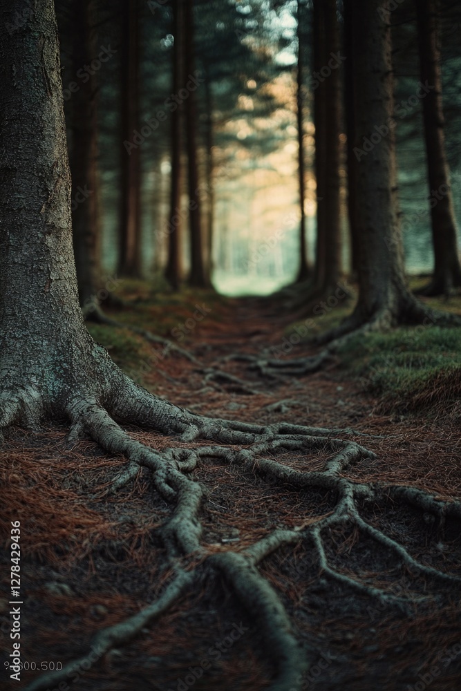 Poster A winding path through a dense pine forest, perfect for use as a scenic background or to represent nature and wilderness