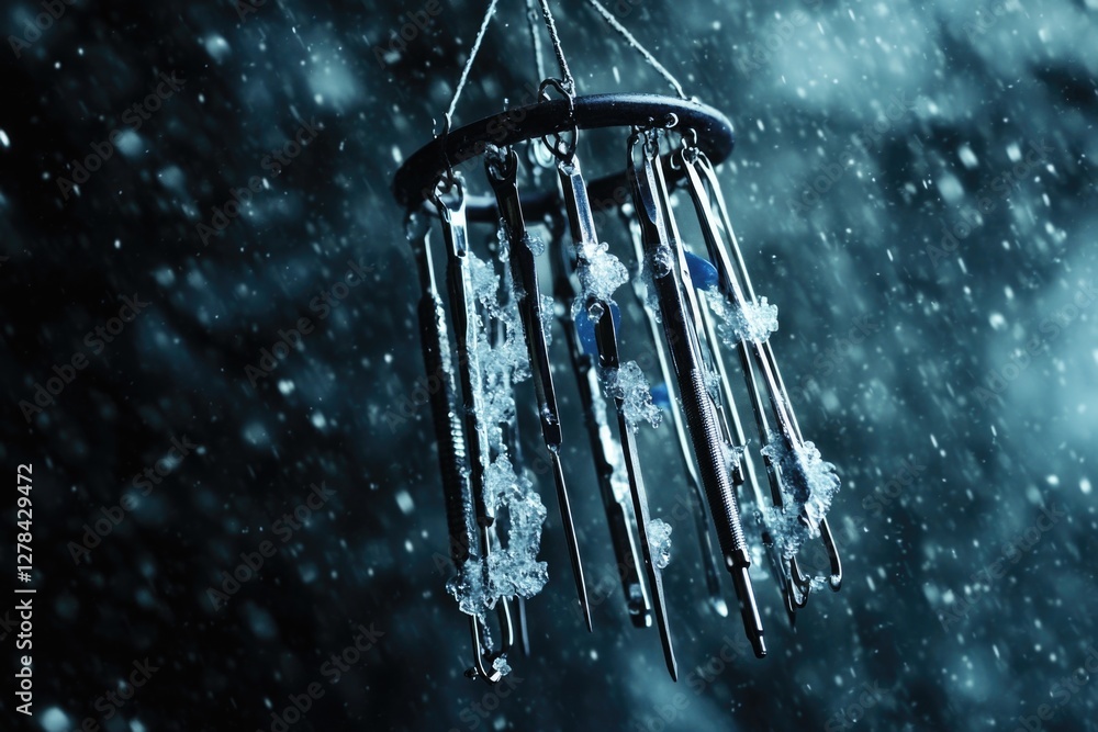 Poster a wind chime hangs from a tree branch or wire in a winter wonderland scene, with snow-covered ground
