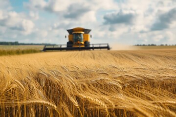 Fototapeta premium Harvest time: A modern combine harvester working in a vast wheat field under a partly cloudy sky, reaping and threshing the mature golden crop with efficiency.