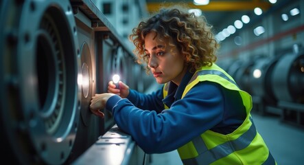 Amidst the hum of machinery, a technician examines intricate equipment closely, using a flashlight to ensure everything is in proper working order