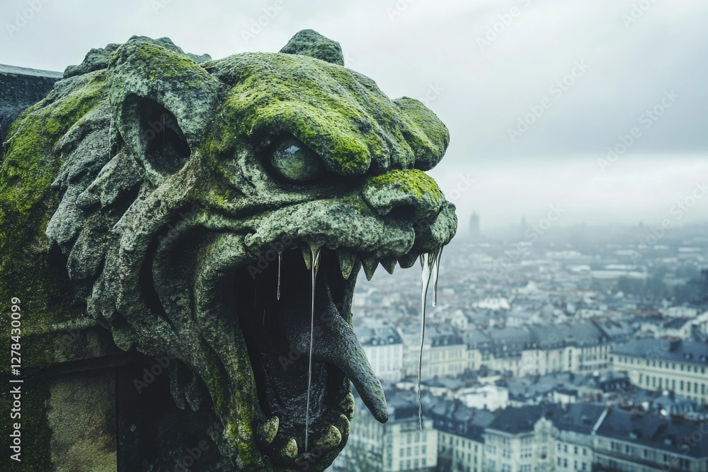Poster a mythical creature perched on a building's roof, a fantasy element for various uses