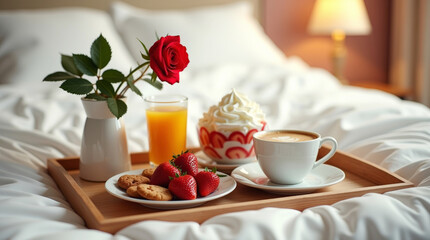 Romantic breakfast in bed with coffee, strawberries, a bowl of whipped cream with sliced ​​strawberries, a glass of orange juice and a red rose on a wooden tray
