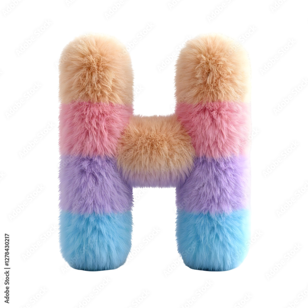 Sticker A cozy 3D letter  '    H       ' covered in soft, fluffy fur, resembling a plush toy. The texture i