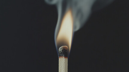A matchstick is ignited, producing bright flames and swirling smoke in a dark environment. The vibrant fire casts a warm glow as it consumes the wooden stick