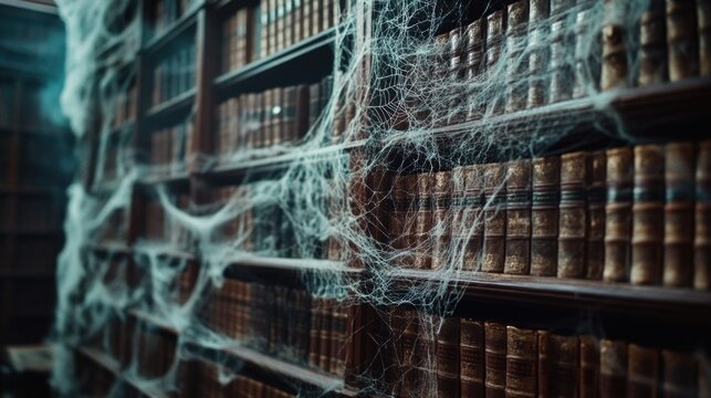 Books covered in spider webs, a mysterious and eerie atmosphere