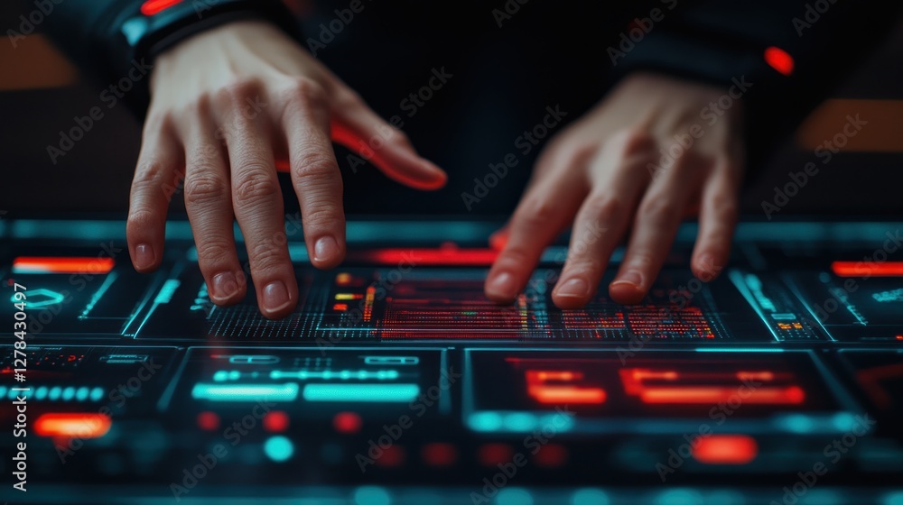 Poster hands engaging with futuristic digital interface technology