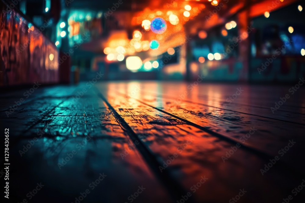 Poster a simple wooden floor with a backdrop of soft lights