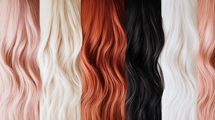 A collection of hair strands in various colors is displayed side by side. The flowing waves include shades of pink, white, black, and auburn, providing inspiration for hairstyling and coloring ideas