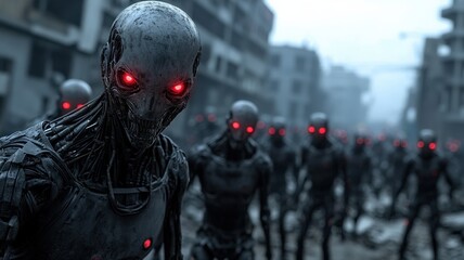 Naklejka premium A resistance fighter hides behind debris as biomechanical aliens patrol the ruined streets, red eyes scanning for survivors