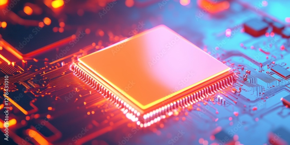 Poster futuristic microchip on circuit board with vibrant neon glow