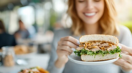 Young woman enjoys a delicious sandwich in a cozy cafe setting