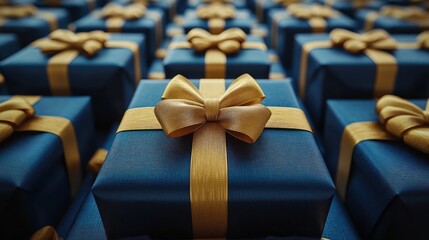 Fototapeta premium Gold-bowed blue gifts, rows, celebration, background, holiday