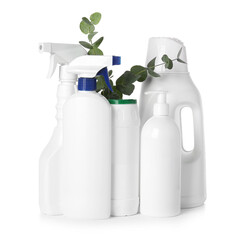 Eco-friendly cleaning products and eucalyptus branches isolated on white