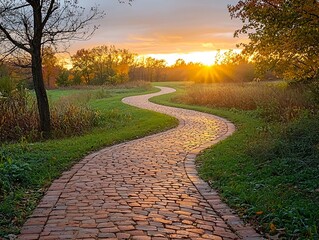 An old brick path winds through the Iowa countryside at dusk