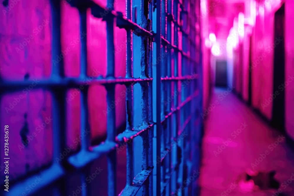 Poster prison cell interior with red light on in the background, suitable for use in crime or justice theme