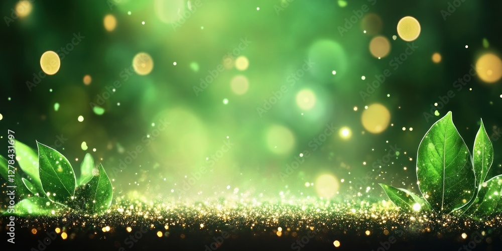 Poster shimmering green leaves on abstract soft focus background with bokeh