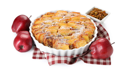 Delicious bread pudding with raisins, powdered sugar and apples isolated on white