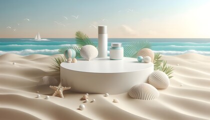 Obraz premium White podium on 3d sand background with top beach presentation blank product display advertising platform or round summer beauty mockup stand scene and empty cosmetic pedestal template sale backdrop
