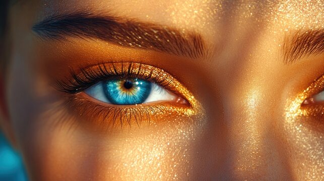 Golden-lit blue eyes, sunlit skin, beach backdrop, beauty ad