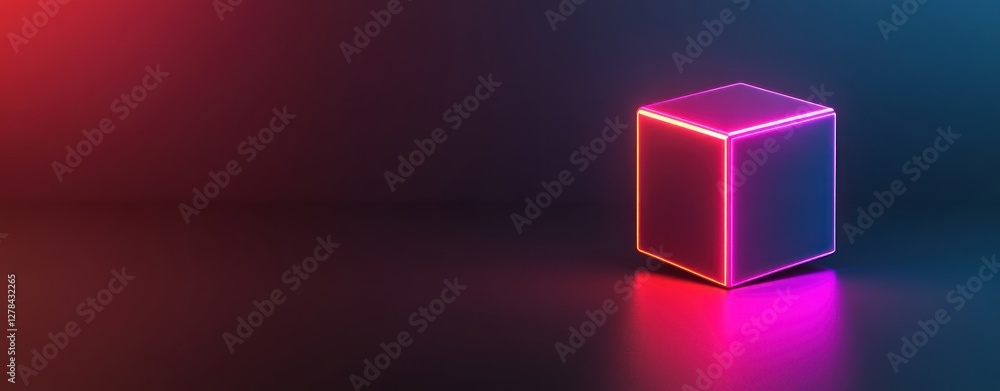 Poster Neon Cube with Colorful Glow on Dark Background for Creative Design