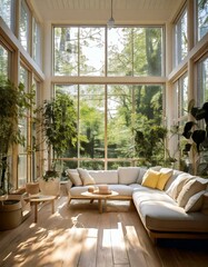 Fototapeta premium A bright and airy minimalist sunroom with floor-to-ceiling windows and neutral furnishings