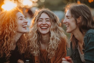 Obraz premium Three young women sharing a joyful moment filled with laughter and camaraderie, bathed in the warm golden light of sunset, creating a cheerful and uplifting atmosphere outdoors.