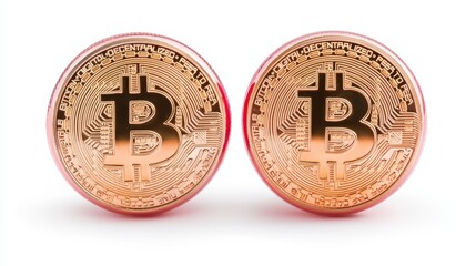 Two shiny Bitcoin coins are displayed, showcasing the iconic Bitcoin logo and intricate design.