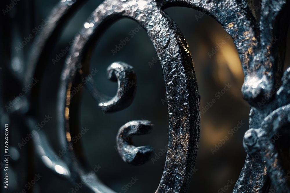 Poster A close-up view of an old metal gate with intricate details and rust