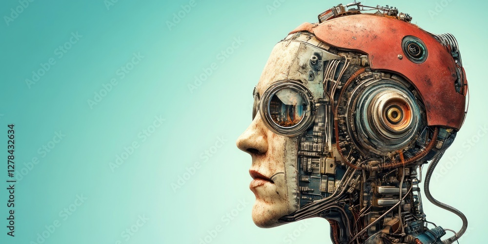 Poster futuristic robot head with complex machinery and details