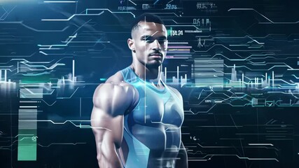 Muscular athlete tracking fitness metrics through advanced holographic performance monitoring system - Powered by Adobe