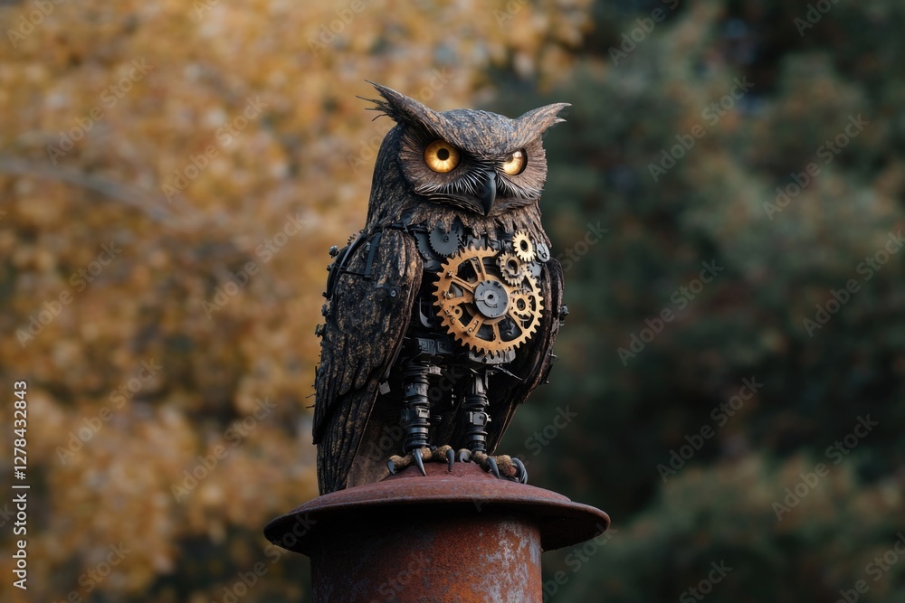Poster a statue of an owl sitting on top of a pole, often used as a decorative element or symbol
