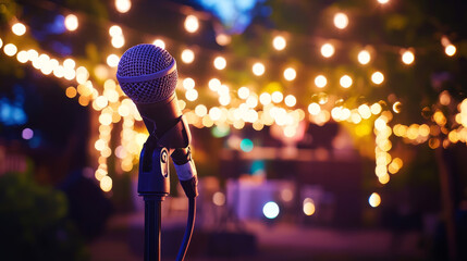 Outdoor music band concert festival stage in park. Open air live performance event at night cartoon background. Summer camp activity on wedding area with tent, spotlight and amplifier illustration