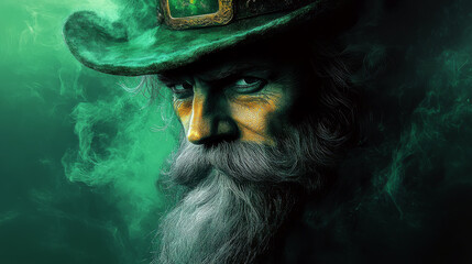 A mysterious man with a hat and intense gaze is enveloped in green smoke. Concept of fantasy and intrigue. For a fantasy novel cover.