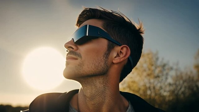 Person with sun protection glasses looking at an eclipse.