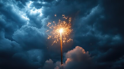 A firework explodes in the night sky, emitting sparks and light