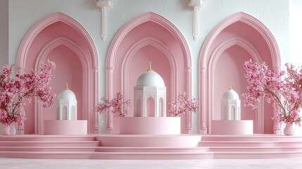 Naklejka premium Elegant pink architectural design with domes and cherry blossom trees