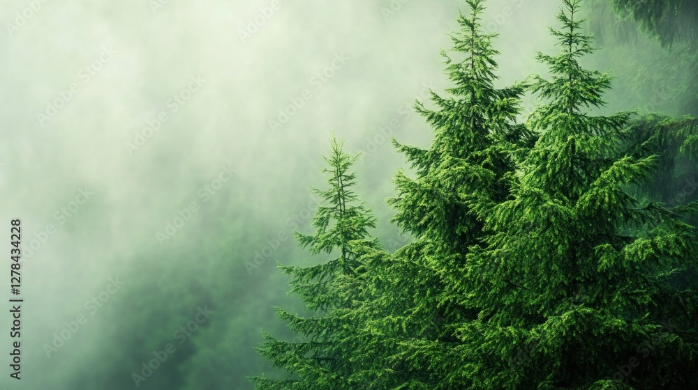Poster lush evergreen trees surrounded by mystical fog in nature scene