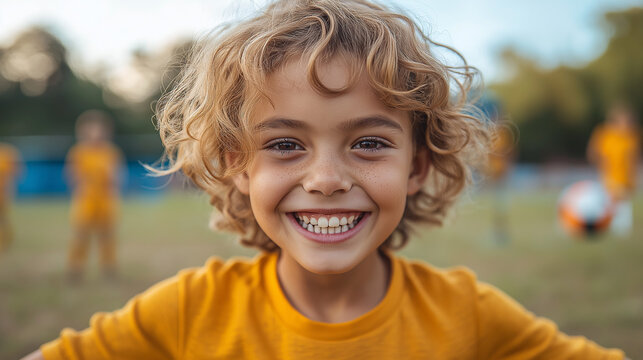 A young boy with curly hair beams with happiness, showcasing his bright smile after a successful soccer game under the warm sun. His teammates in yellow jerseys cheer in the background