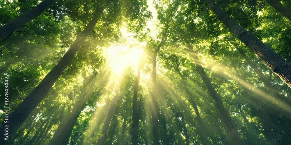 Aufkleber sunlight rays through tall green trees in lush forest environment
