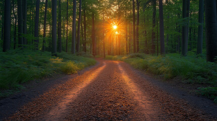Obraz premium Sunlight streams through tall trees, casting warm hues on a winding forest path. Lush ferns line the way, creating a serene and peaceful atmosphere in the late afternoon