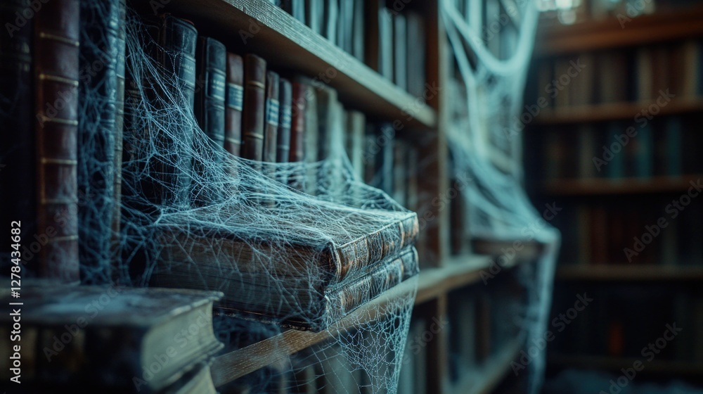Poster A bookshelf filled with books and a spider web added a touch of eeriness to the scene