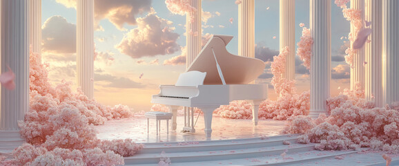 A white grand piano surrounded by pink flowers and classical columns with a dreamy cloudy sky, symbolizing elegance, serenity, and beauty in a romantic and ethereal atmosphere.