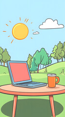 A laptop and coffee cup on a table in a park, a cartoon-style
