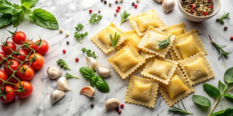 Obraz premium Fresh uncooked ravioli sitting on a marble countertop surrounded by various herbs and spices in an Italian kitchen, italian cuisine, culinary arts
