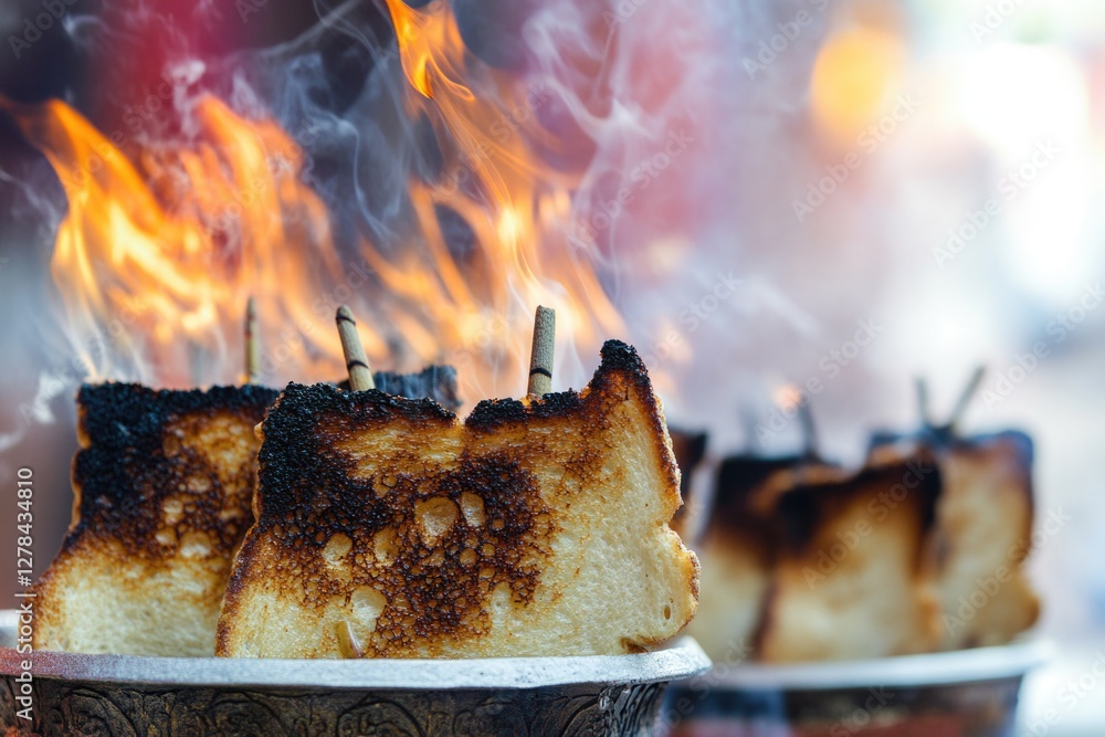 Poster a close-up shot of a plate of food with flames in the background, perfect for use in cooking or culi