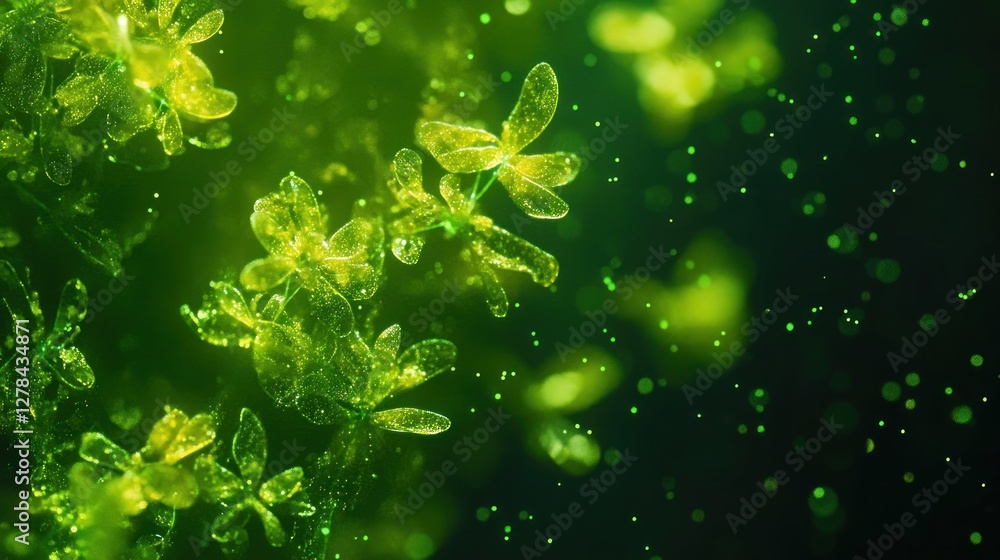 Poster close-up view of green leaves with ethereal sparkles in nature