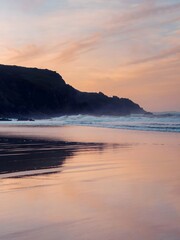 Finisterre Sunset in Galicia, Spain. Rostro beach and Rostro cape in Costa da Morte.
