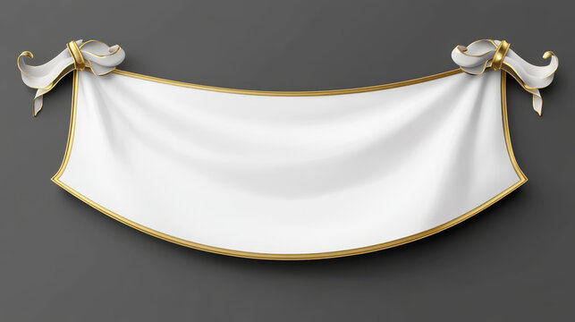 White horizontal pennant mockup, Empty medieval flag vector banner. Realistic blank team textile sign. Hanging bunting standard mock up. Isolated 3d badge on transparent background with gold border.