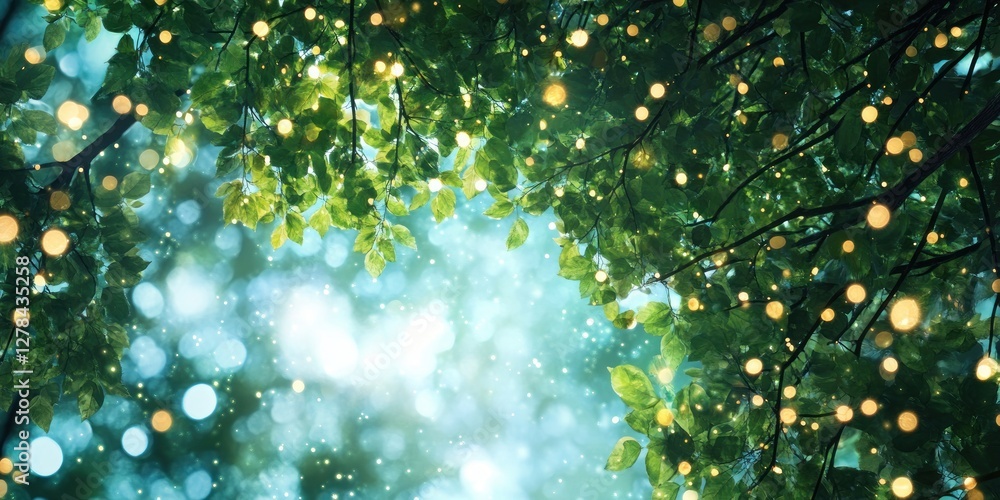 Aufkleber Lush Greenery with Soft Bokeh and Sparkling Light in Nature Scene