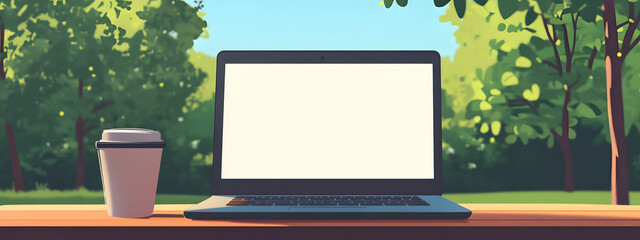 A laptop and coffee cup on a table in a park, a cartoon-style
